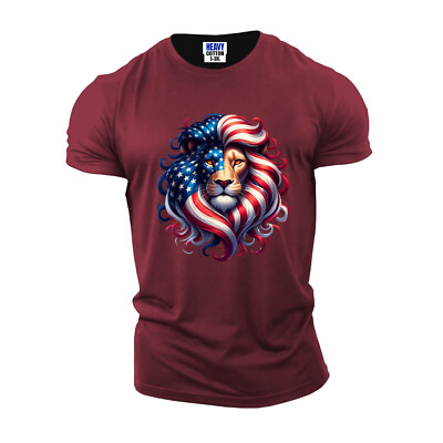 American Flag Lion Face Men's T-Shirt USA 4th Of July Animal Lover New Gift Tee