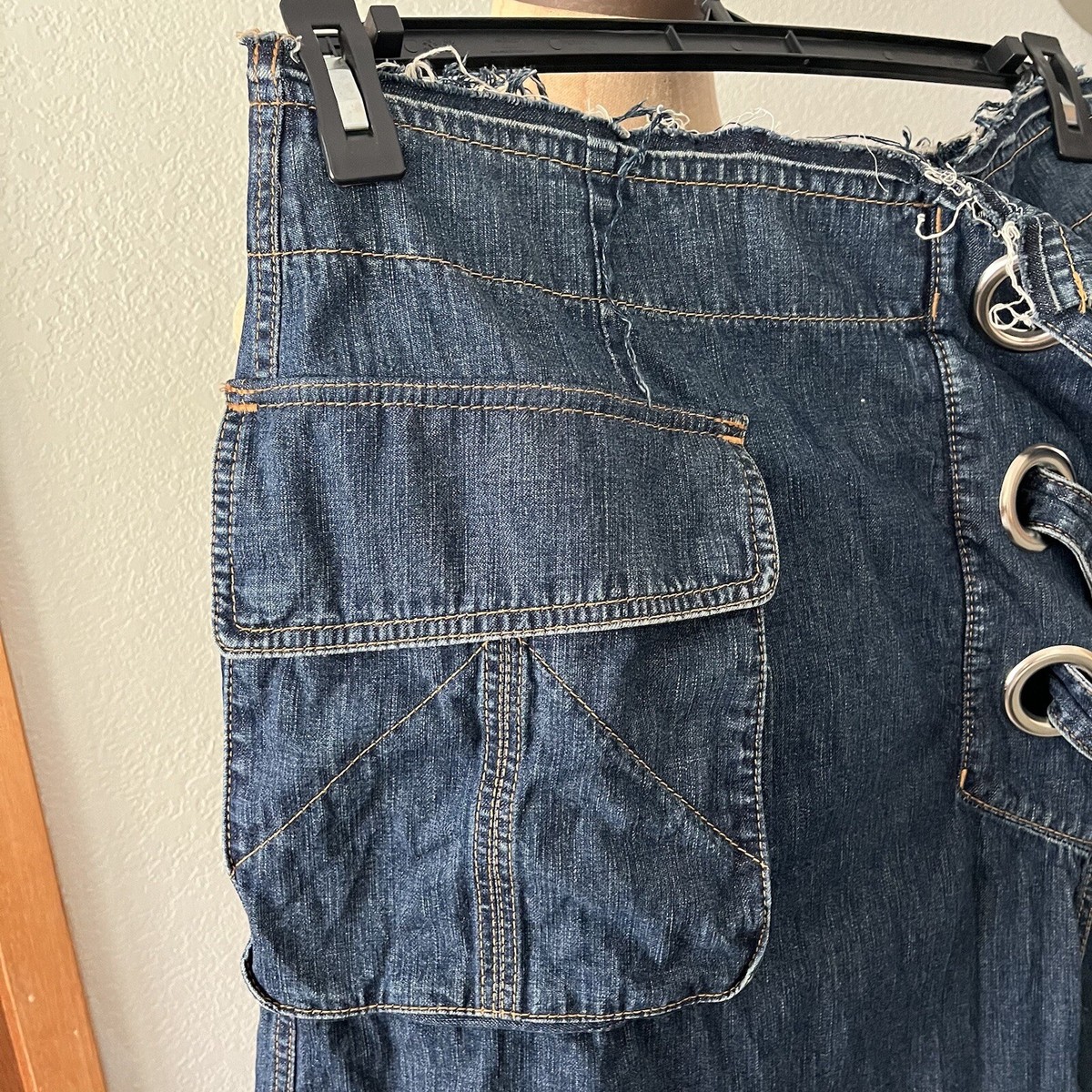 SACAI sz 3 US sz M DENIM CARGO Midi SKIRT Lace Up Side Raw