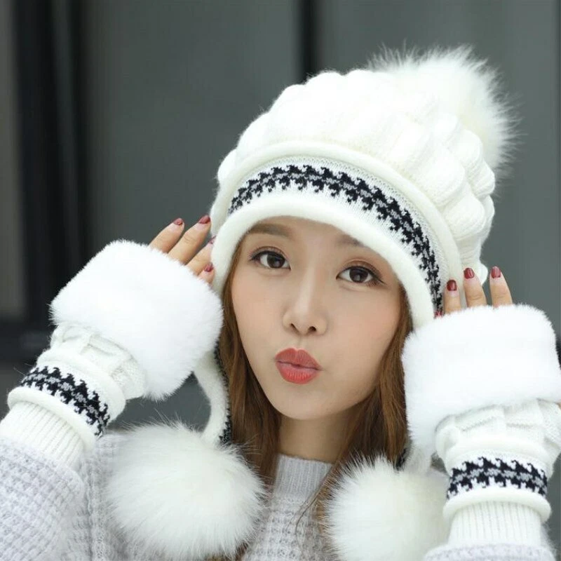 Women Winter Hats Female Skullie Beanie Skull Cap Ski Snow Cap New Fur Pom  Poms