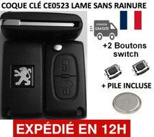 Coque Clé Plip PEUGEOT 207,307,308,3008 Lame SANS Rainure CE0523 + SWITCH + PILE