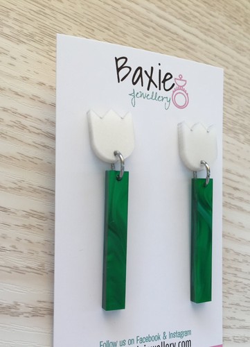 Acrylic Tulip Flower Dangle Earrings, Surgical Steel Stud, Green, Pearl White - Picture 2 of 4