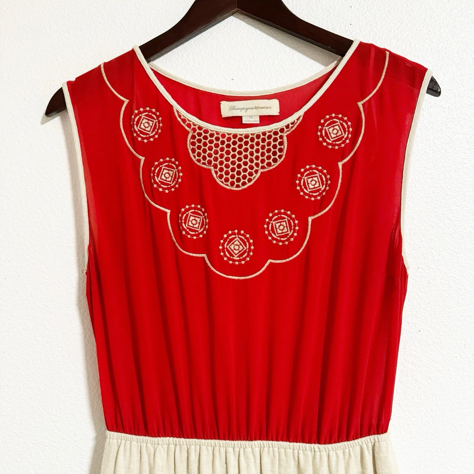 VALENTINO Abito misto lino ricamato champagne e fragola taglia M