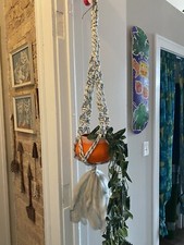 Vintage Handmade Macrame Plant Hanger White And Blue 34 Inches Boho Retro