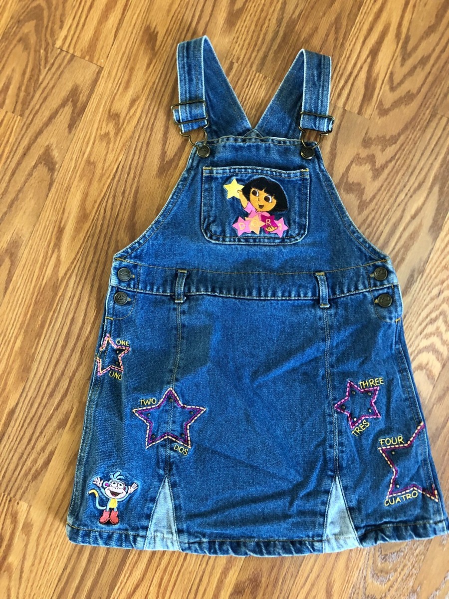 VTG 2003 Dora The Explorer Nick Jr Girls Denim Overall Jumper Size