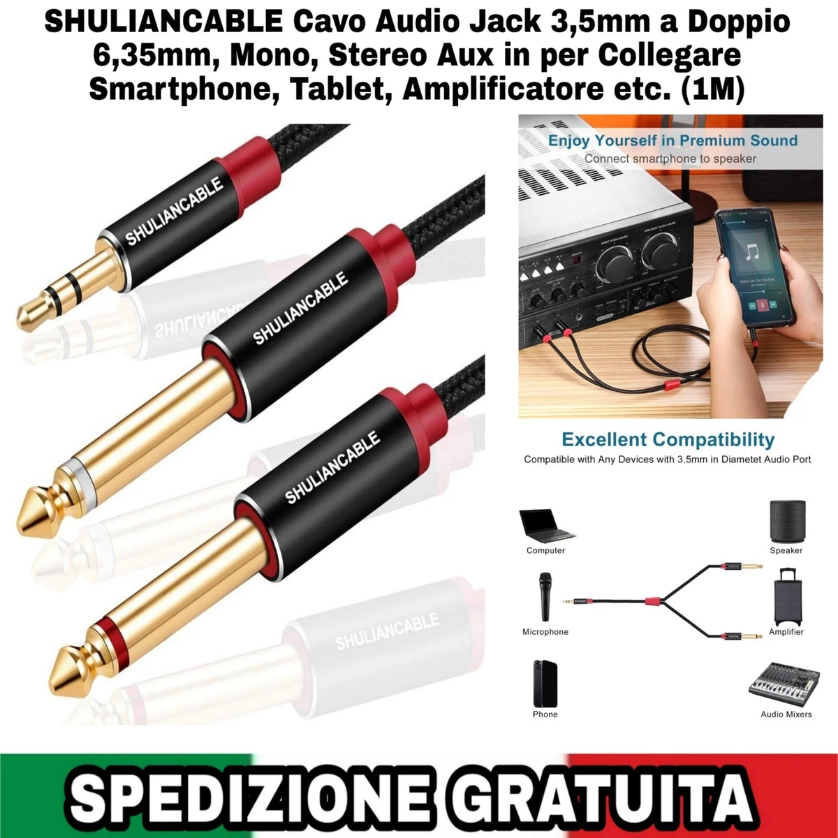 2 Cavi Audio Cable Up 16' Da 1/4 TRS Maschio A Doppio TS Maschio - Confezione Da 2 - Foto 2