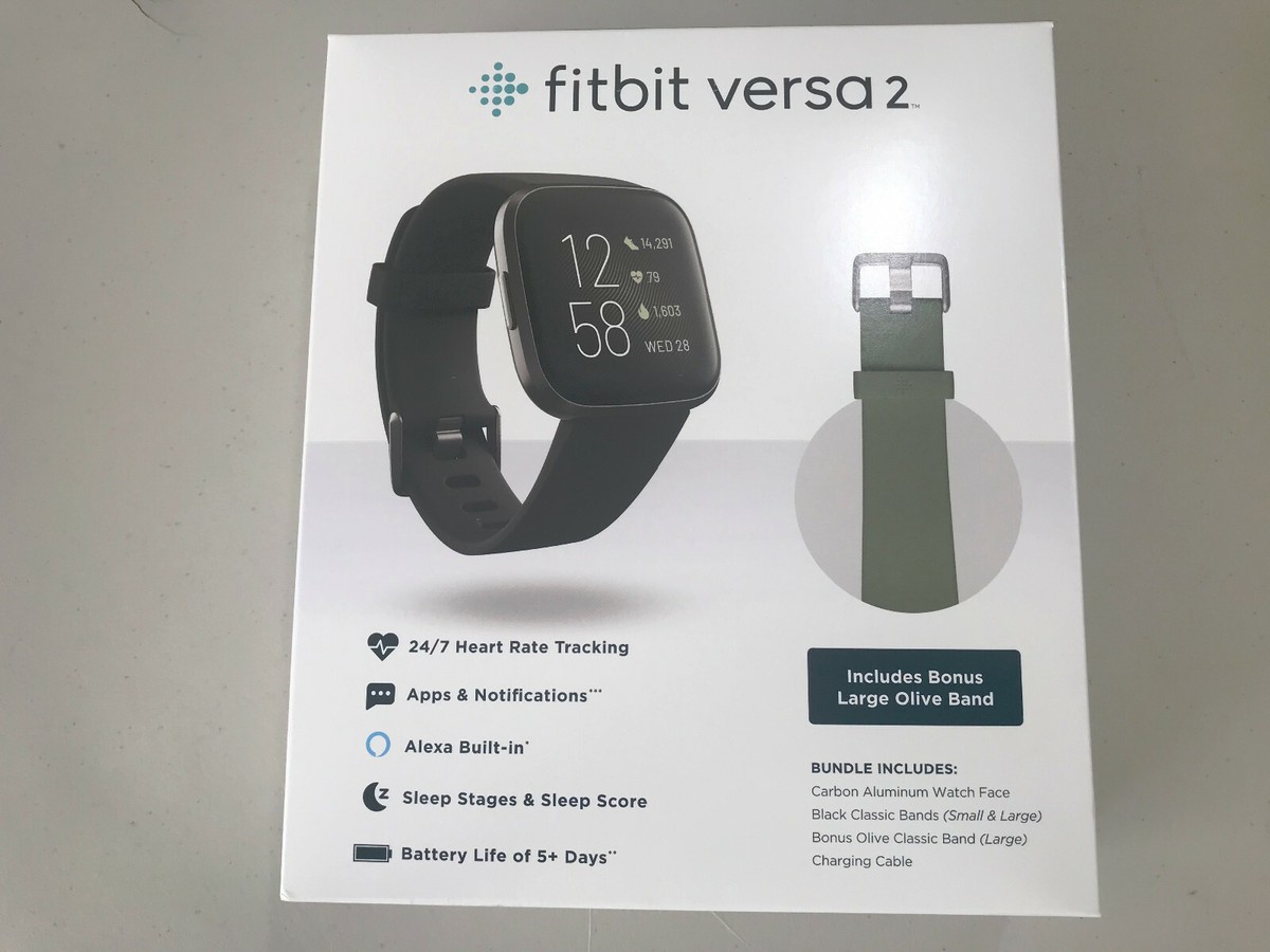 Fitbit Versa 2 Activity Tracker -Black Carbon + Olive Band Bundle