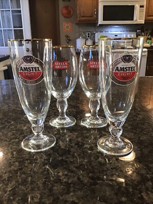 VINTAGE AMSTEL LIGHT & STELLA ARTOIS STEMMED PILSNER BEER GLASSES GOLD RIM 33cl
