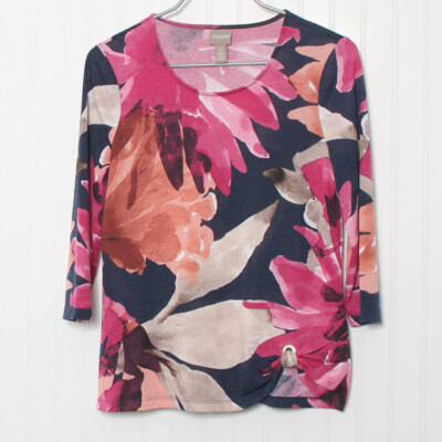 Chico's 0 Round Neck Floral 3/4 Sleeve Side Ruched Poly Knit Top Small