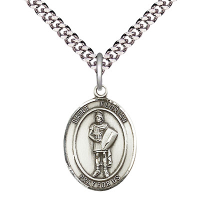 Medium Sterling Silver Saint Florian Medal 24'' Lobster Claw Chain Necklace