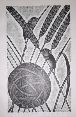 Oldham Harvest Mäuse Maus Druck Holzschnitt von Claire um 1940