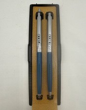 Vtg Paper Mate Double Heart Ballpoint Pen/Pencil Set Blue Barrels Chrome Trim