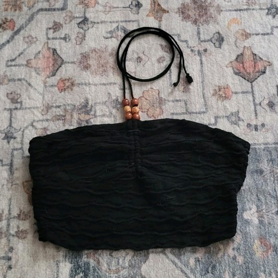 Womens Black Solid Strapless Halter Tie Beaded Tube Top Bandeau Size S