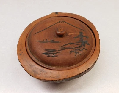 Vintage Japanese Hand-Carved Mountain Round Wooden Trinket Box/ Lid - Image 1 of 4