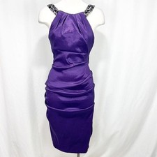 XSCAPE Purple Ruched Dress W beading rhinestone neckline in a size 6