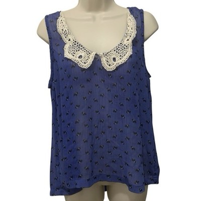 Living Doll Scottie Dog Print Sheer Sleeveless Blouse Large Blue Crochet Collar