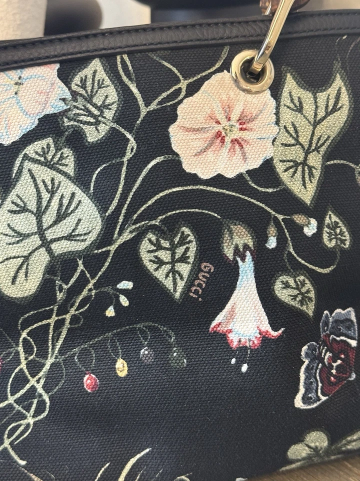 Gucci Black Flora Bamboo Shopper Handbag Kris Knight Medium Canvas Leather 2 Way - Image 2 of 4