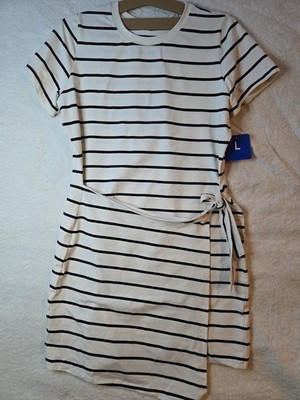 New Threads 4 Thought Women s Striped  Dress Size L Cream Short Sleeve Casual