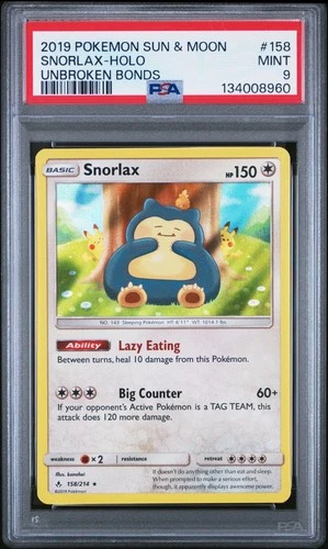 2019 Pokemon Sun & Moon Unbroken Bonds 158 Snorlax Holo PSA 9