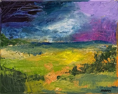 11x14 Acrylic Abstract Landscape Impasto by R Stevens Purple Green Violet Storm