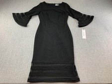 Calvin Klein Dress Womens 2 Black Sheath 3/4 Bell Sleeve Mesh Trim Knee Cocktail