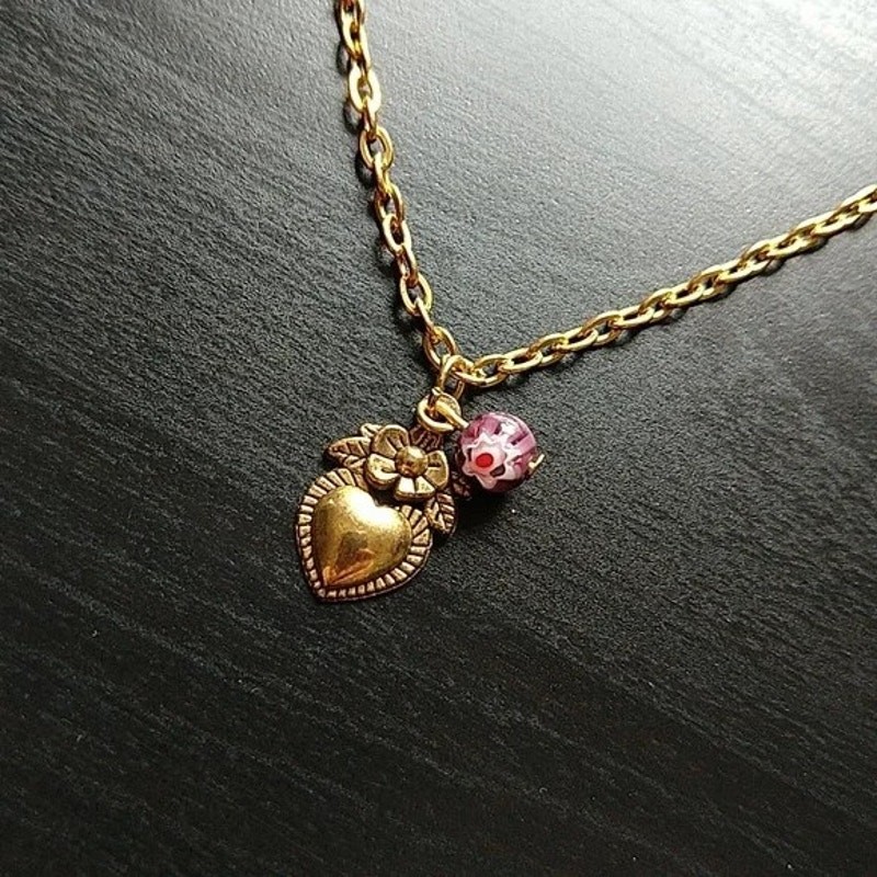 Gold Heart Flower Glass Bead Anklet 9 Inch Vintage Fashion Jewelry-image