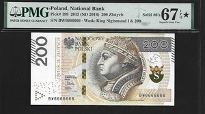 Poland Solid Numbers 200 Zlotych 2015 PMG 67* EPQ UNC BW 6666666
