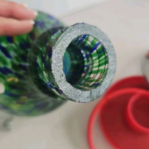 HUMMINGBIRD FEEDER HAND BLOWN GLASS BLUE GREEN SWIRL OUTDOORS GARDEN PREOWNED - Picture 7 of 7
