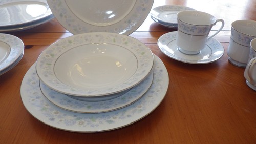 Fine China Dinnerware Plates Bowls Cups Saucers White Jade Tang Shan 17pcs Blue