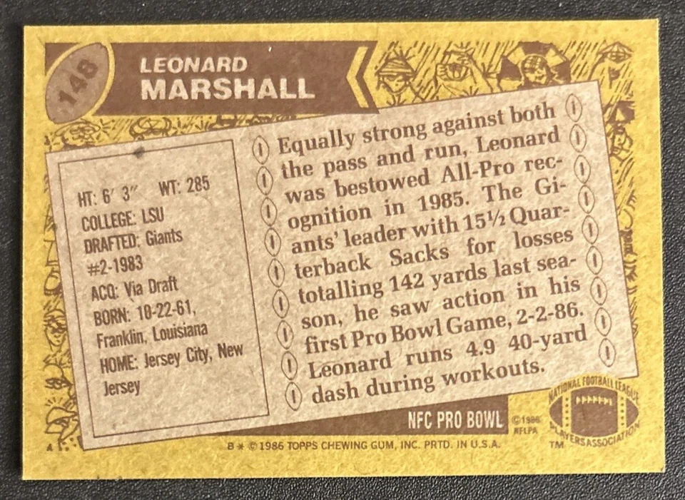 1986 Topps Leonard Marshall Football Rookie Card (RC) #148 Giants DE VG O/C - Image 2 of 2