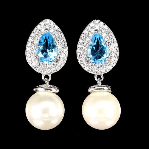 925 Sterling Silver Earrings Pear Swiss Topaz Mop Natural Gemstone Jewelry