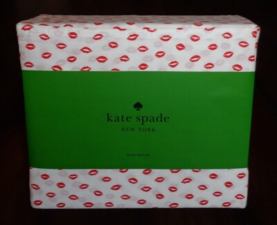 Kate Spade Queen Sheet Set Cotton Deep Fitting White Red Lips Kisses Valentine