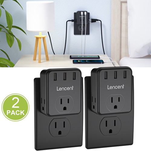2 Pack LENCENT Wall Outlet Extender Multi Plug Splitter w/ 3 USB Ports Black - Picture 2 of 9