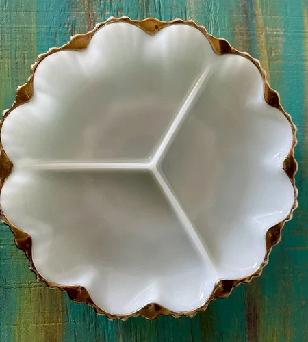 Vintage Anchor Hocking Milk Glass Relish Serving Plate With Gold Trim Ruffled 9”