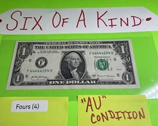 Six of a Kind 4’s Five In A Row 4’s Quints F 44444284 H Fancy Serial Number $1