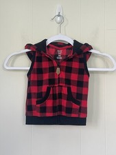 Carters Just One You Baby Fuzzy Hooded Red Plaid Fleece Zip Up Vest  Size 18M