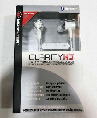 NEW Monster Clarity HD High Performance Wireless In-Ear Headphones White Earbuds