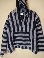 VTG Mexican Poncho Baja Hoodie Jacket Sz L Hippie Pullover Black Gray Stripe