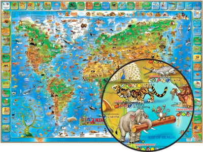 Laminated Animals of the World Map -  Illustrated Poster - Dino's Maps - 38 x 54