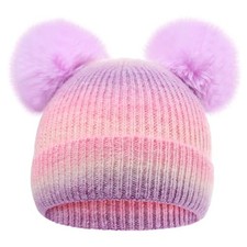 Kids Pom Pom Beanies Winter Caps Toddler Girls Warm Z- Knitted Style Purple