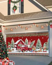 Christmas Farm Gnome Snowman Xmas Tree Elk Garage Door Banner Cover 7 X 8 Ft - H