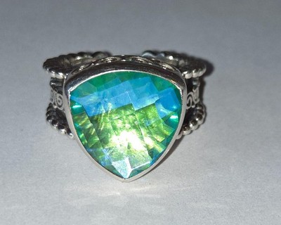 Sajen Sterling Silver Ornate 925 Caribbean Sea Blue Quartz Band Ring Size 10