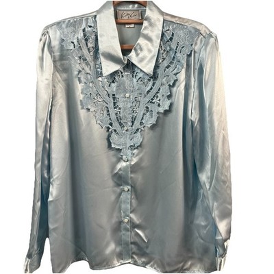 Vintage Kathy Che USA 14 Light Blue Satin Blouse