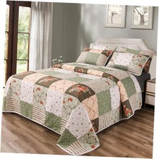 3 Pieces Green Plaid Floral Patchwork Bedding Full/Queen 90"x90" Flower-4