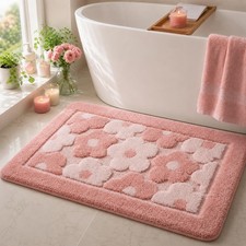 Pink Flower Bath Mat 24x35 Inch Tufted Microfiber Non Slip Absorbent Washable