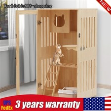 Wooden Large Indoor Cat Enclosure Catio Cage with Ramp and Covered Cat House Kit