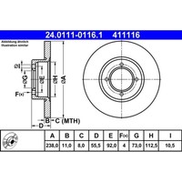 Bremsscheibe ATE 24.0111-0116.1 (2 Stk.) FüR Opel Vauxhall Kadett B Ascona A GT