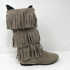 Minnetonka Womens 7 3 Layer Fringe Moccasin Boots Gray Suede Boho Festival Indie