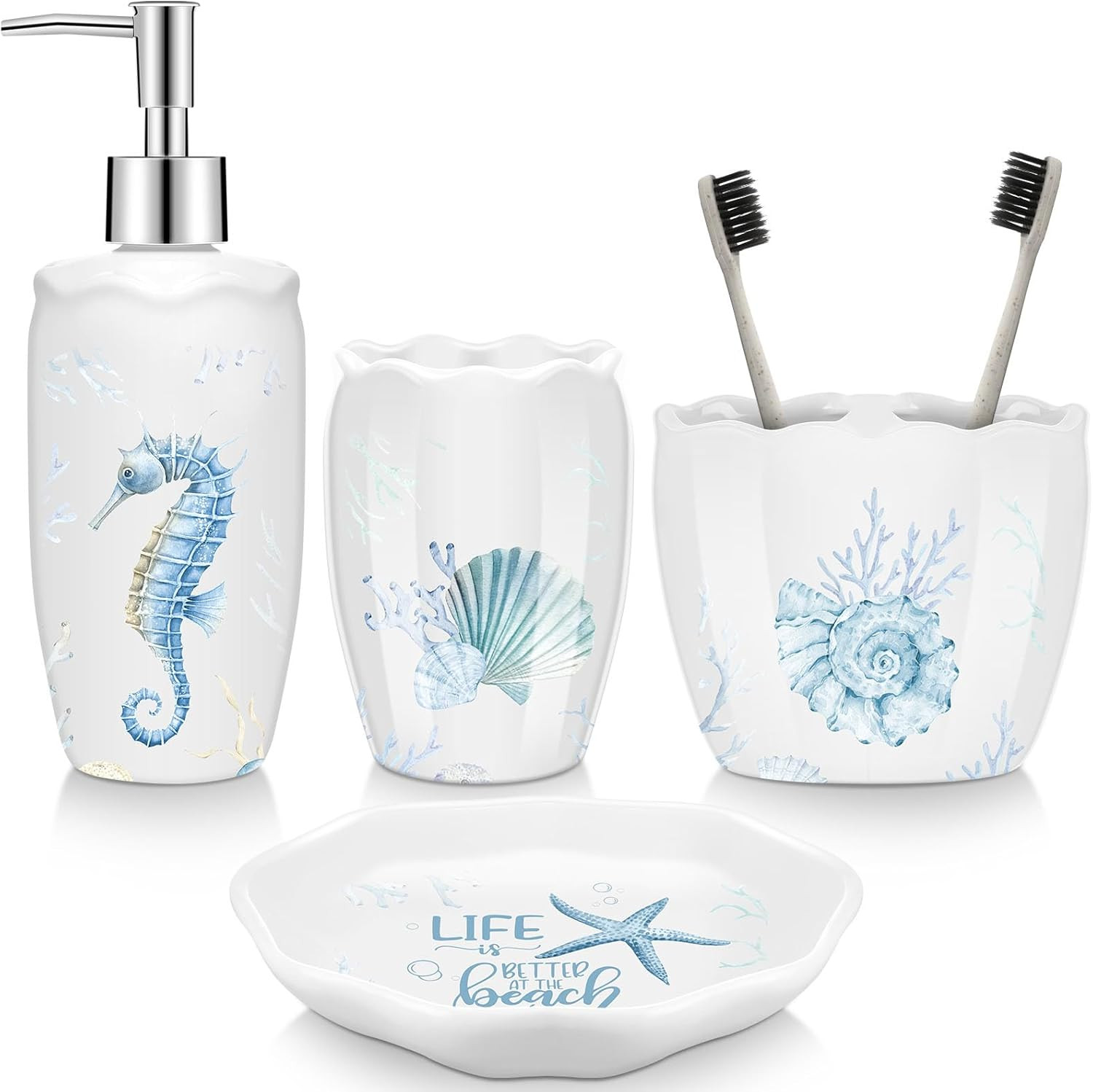 4 Pcs Beach Bathroom Accessories, Ocean Animals Bathroom Decor, under the Sea Tu