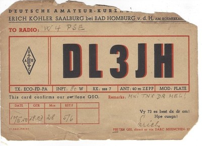 1950 QSL Card; Germany Deutsche; DL3JH; Erich Kohler Saalburg;