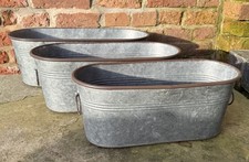 Set of 3 Galvanised Metal Oval Trough Planters with Copper Edge